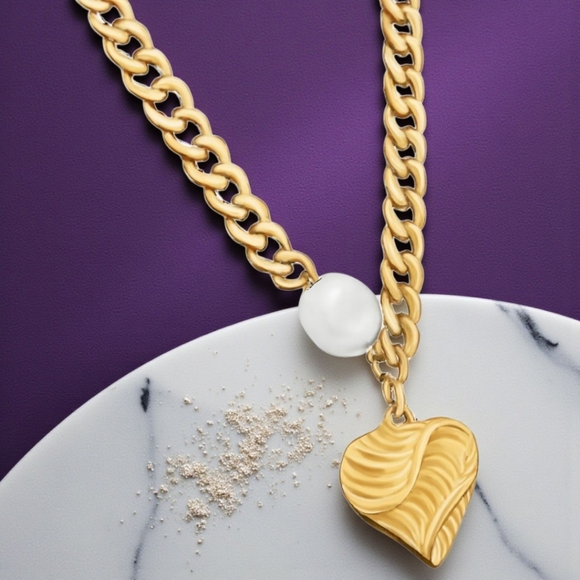 Cuban Chain Trendy Necklace Pearl Accent 18K Gold-Plated Stainless Steel - Picture 11 of 11